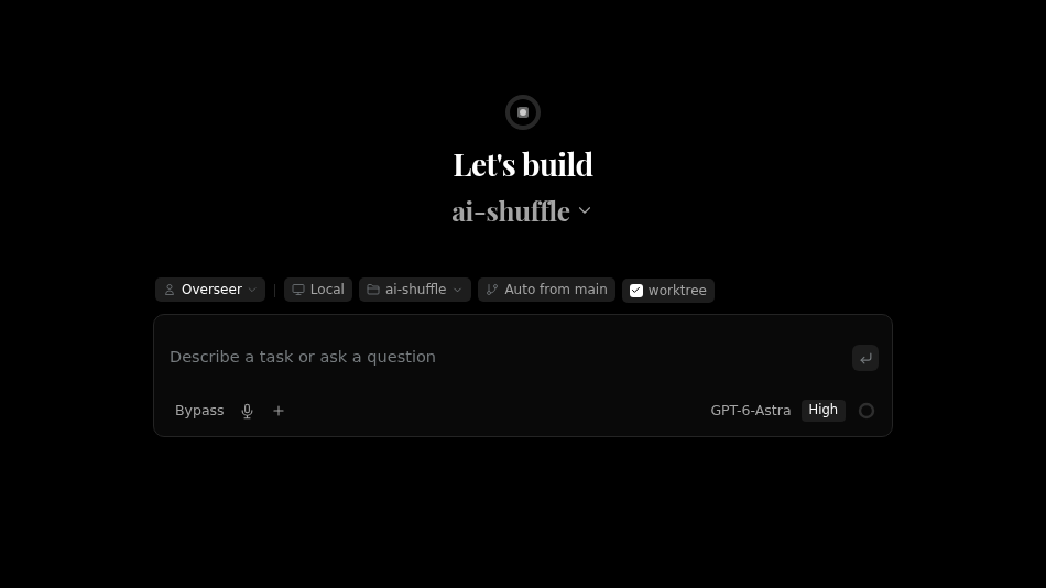 AI Shuffle new-session workspace with project, agent, model and prompt controls